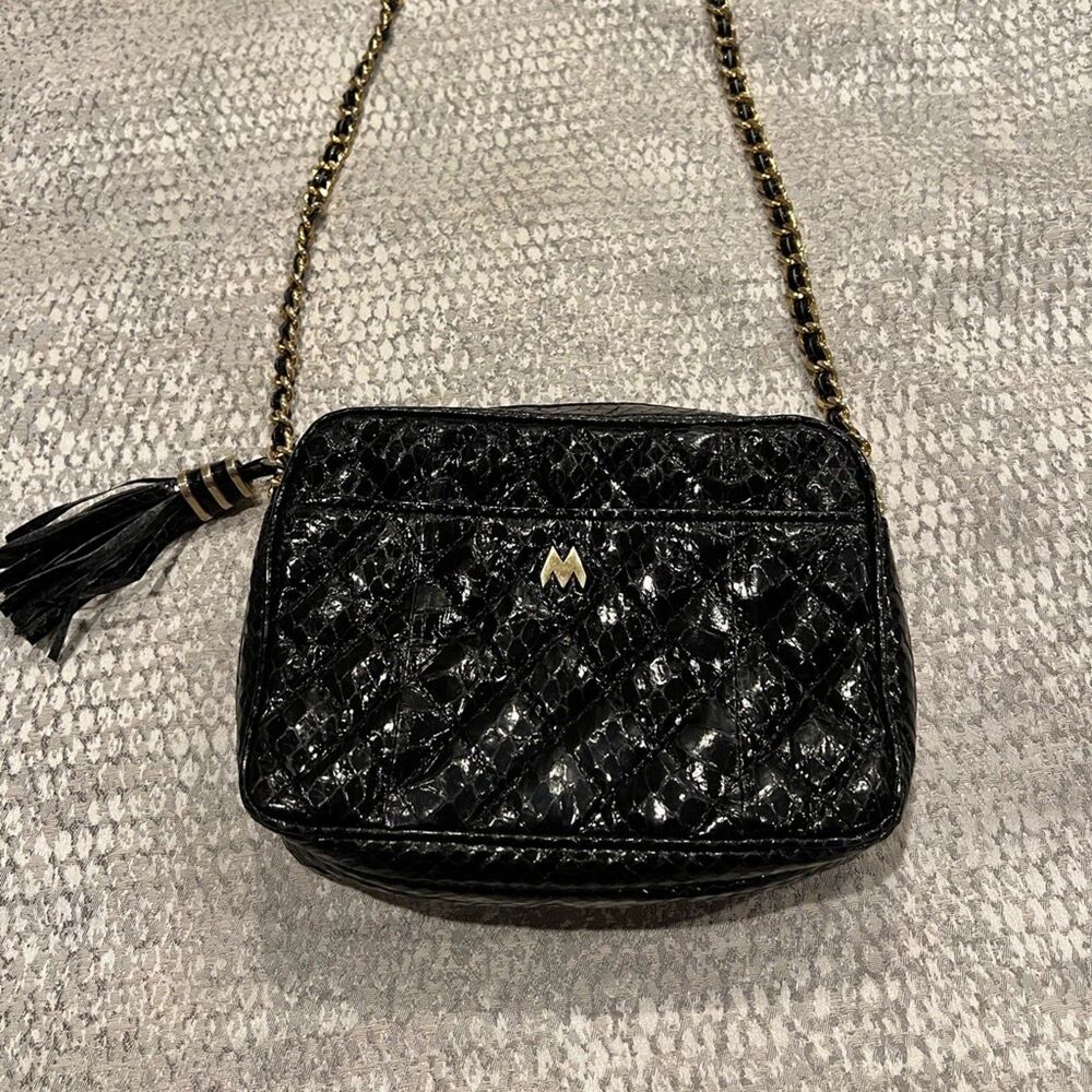Vintage Black Maryann Rosenfeld Snakeskin Evening Bag with Chain Strap & Tassel
